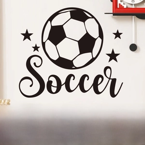 Close-up of Soccer wall decal with black PVC ball and star graphics including 30x30cm dimensions