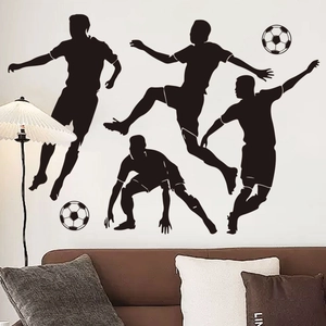 Macro detail of World Cup soccer player silhouette wall decals in a modern living room