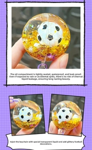 Detail of soccer liquid quicksand keychain with floating glitter and miniature ball