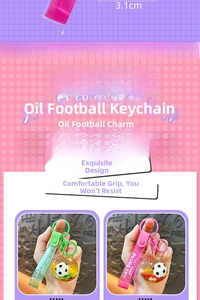 Detailed view of soccer liquid sand keychain showing size dimensions of 3.1cm and 1.2cm