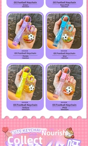 Detail view of soccer fluid sand keychains in multiple colors with silicone wristbands
