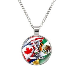 2026 World Cup mascot trophy pendant necklace with USA Canada Mexico flag design
