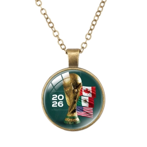 Detail of bronze 2026 World Cup necklace pendant with trophy and national flags
