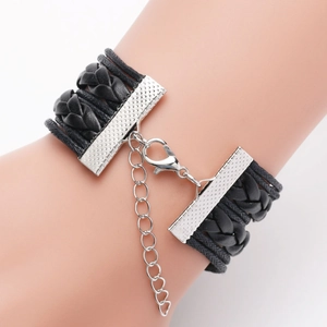 Multilayer leather braided bracelet with World Cup trophy charm and silver clasp