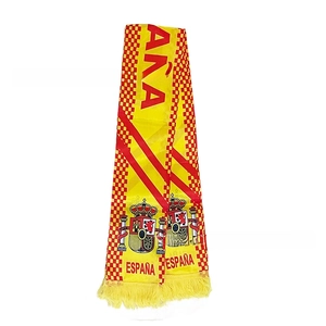 Detail of Spain fan scarf showing ESPAÑA text, coat of arms, and yellow fringe tassels