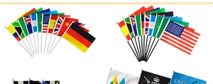 Detailed fan-shaped display of small polyester world flags with durable plastic flagpoles