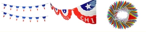 Detailed set of Chile theme bunting, tri-color stripes and festive colorful string flags