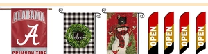 Outdoor banner set featuring Alabama Crimson Tide logo and festive garden welcome flags