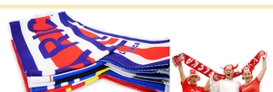 Detailed view of Poland team knit fan scarf with matching horn hat and country colors