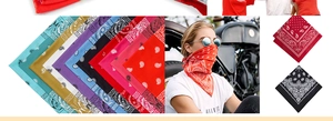 Detailed view of paisley bandanas in various colors for outdoor cycling and daily styling