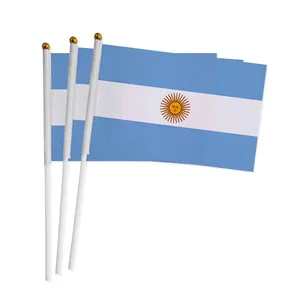 Argentina hand waving flag made of polyester with white pole and gold decorative top