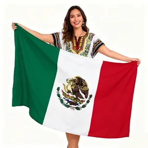 Smiling woman holding a 3x5ft high-density polyester Mexico flag with vibrant colors
