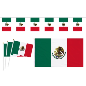 Mexico flag set with large banner, hand-held sticks, and hanging bunting flags