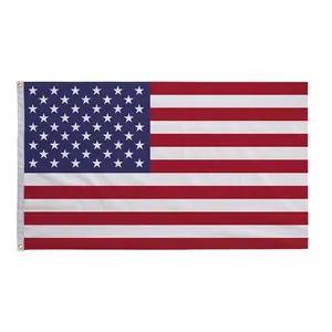 Detailed view of 3x5ft US flag polyester fabric showing reinforced golden metal grommets
