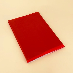 Detail of red polyester fabric with smooth texture and straight edge for French flag