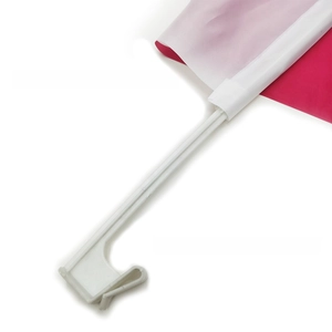 Detail of polyester car window flag with durable white plastic bracket and dual-tone fabric