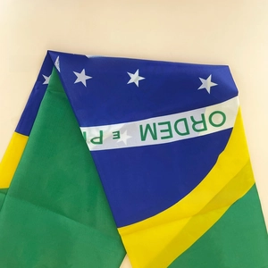 Detailed close-up of the Brazil flag textile showing the Ordem e Progresso slogan