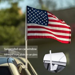 Car window American flag set with adhesive plastic bracket for vehicle exterior decor