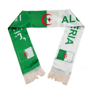 Detail of Algeria flag satin fan scarf with green white bicolor and white tassels
