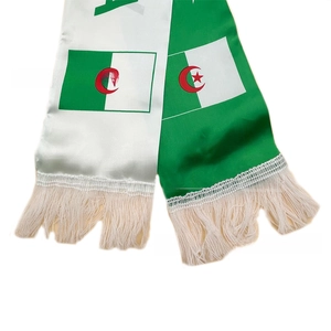 Detail of Algeria flag scarf with red crescent moon emblem and white silk fringe