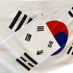 Close-up of a South Korean flag and a small hand-held flag with a white pole