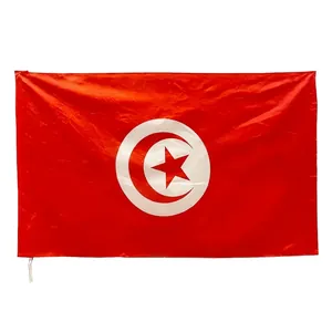 Polyester Tunisia national flag with red base and crescent moon symbol on white background