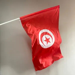 Polyester Tunisia flag with red crescent and star on white flagpole for events