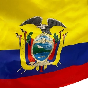 Close-up of Ecuador flag showing vibrant yellow, blue, red stripes and detailed coat of arms