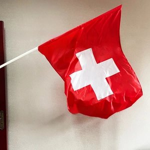 Close-up of the Swiss national flag with white cross and a durable white plastic pole