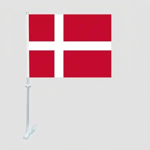 Denmark car flag with white flagpole and clip for window mounting on red background