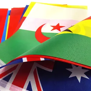 Polyester national string flags including Australia and Algeria with stitched edges