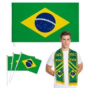 Brazil football fan set with large national flag, hand flags and knit souvenir scarf