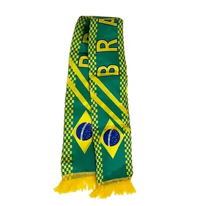Brazil football fan scarf with national flag colors, tassels, and checkered patterns