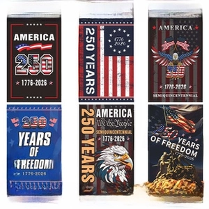 Detail of USA 250th anniversary banners featuring American flags and patriotic icons