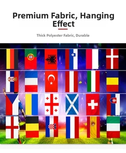 Close-up of 24 national football string flags made of durable polyester for sports events