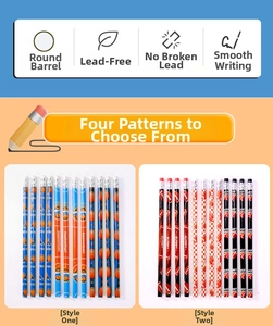 Détail de crayons à thème sportif avec gomme, motifs de basket-ball et de rugby inclus