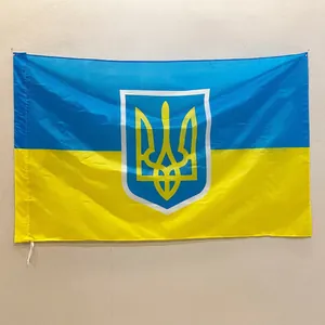 Ukraine Nationalflagge mit Dreizack-Wappen aus hochwertigem Polyester-Gewebe