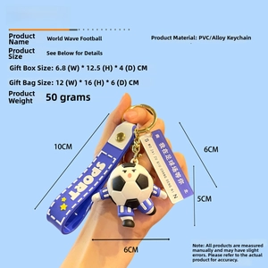 Soccer figure keychain with blue Sport strap and dimension guide for size details