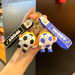 Cartoon Football Keychain With Wings Headphones PVC Sport Keyring Gift Box For World Cup Soccer Fans Cute Bag Pendant