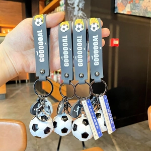 Detail of soccer themed wristband keychain set with ball pendant and sports slogans