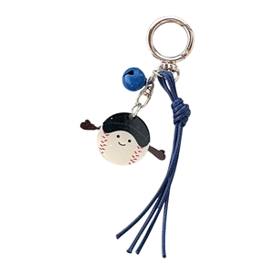Porte-clés de baseball en acrylique avec visage souriant, clochette bleue et gland tissé