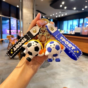 Handheld soccer themed keychain with sport headphones and silicone wrist strap