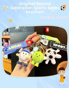 Detail view of cartoon baseball football and tennis keychains with sport wristbands