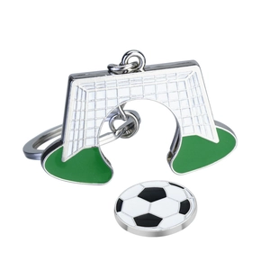 Metal soccer keychain with football net pendant and black-white enamel ball charm