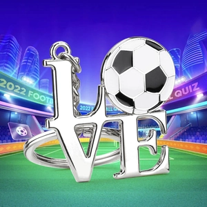 Polished silver LOVE soccer keychain with a football charm for European Cup fans
