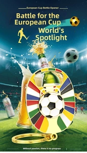 Soccer themed metal bottle opener keychain with multi-color enamel football pattern