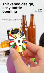 Detail showing a golden football keychain opening a bottle with a spinning ball feature