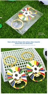 Detail of football-themed metal bottle opener keychain in clear OPP bag packaging
