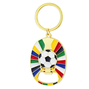 Golden football keychain with bottle opener function and colorful enamel accents
