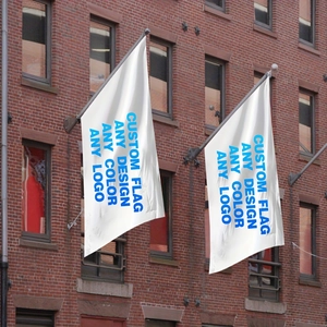 Custom polyester flag with any design and logo on silver wall-mounted metal flagpoles
